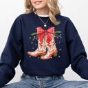 XXL Navy Cowgirl Boots Cowboy Bows Mistletoe Christmas Santa Country Western Style Sweatshirt