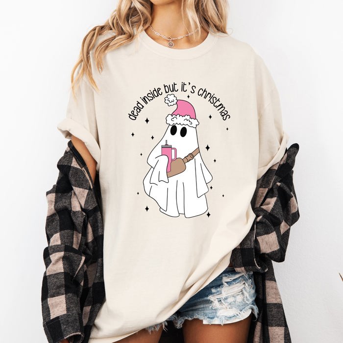 Dead Inside But It's Christmas Ghost Bougie Santa Xmas Graphic Quote Comfort Colors Tee