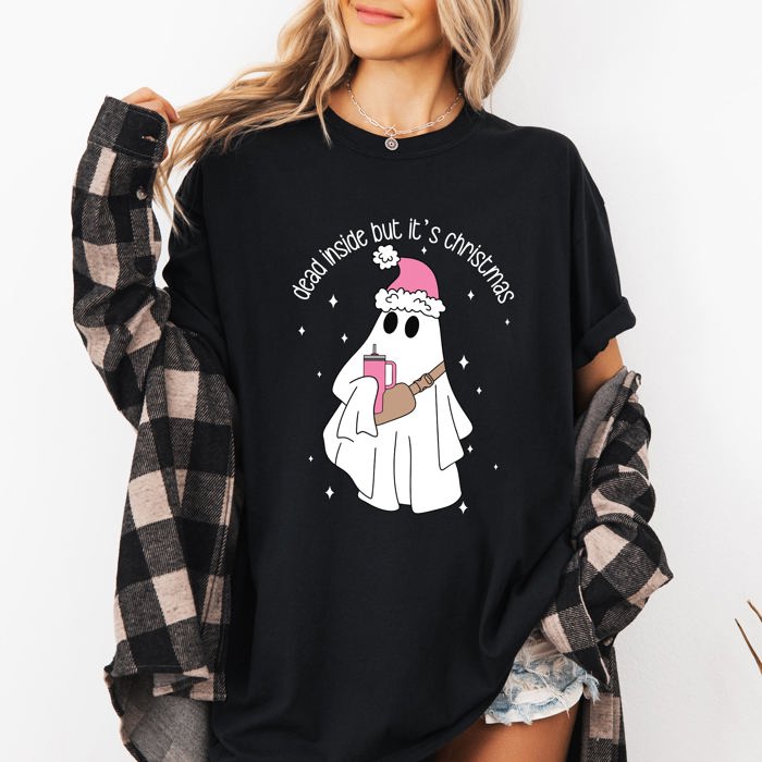 Dead Inside But It's Christmas Ghost Bougie Santa Xmas Graphic Quote Comfort Colors Tee