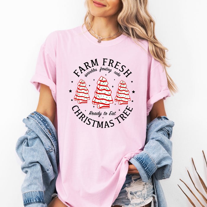 Farm Fresh Christmas Tree And Cake Winter Santa Xmas Scene With Festive Farmhouse Charm Comfort Colors Tee