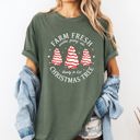 Large Moss Dark Green Farm Fresh Christmas Tree And Cake Winter Santa Xmas Scene With Festive Farmhouse Charm Comfort Colors Tee