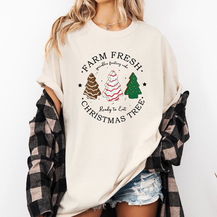 Farm Fresh Christmas Tree White And Green Cakes Winter Santa Xmas Vintage Holiday Comfort Colors Tee