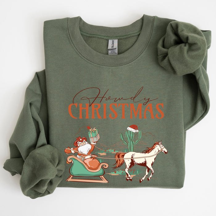 Howdy Christmas Cowboy Santa Western Sleigh Horse Country Xmas Seasonal Sweatshirt