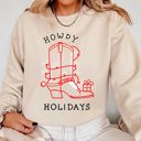 XXXL Sand Howdy Holidays Christmas Cowboy Boot Country Western Xmas Graphic Premium Sweatshirt