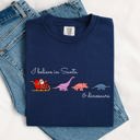 Medium Navy I Believe In Santa And Dinosaurs Sleigh Reindeer Christmas Winter Xmas Comfort Colors Tee