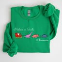 Medium Irish Bright Green I Believe In Santa And Dinosaurs Sleigh Reindeer Christmas Holiday Cheer Sweatshirt