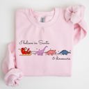 Large Light Pink I Believe In Santa And Dinosaurs Sleigh Reindeer Christmas Holiday Cheer Sweatshirt