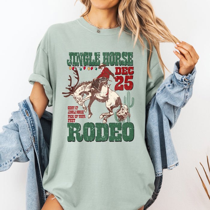 Jingle Horse Rodeo Christmas Cowboy Santa Xmas Western Holiday Country Festive Vintage Comfort Colors Tee