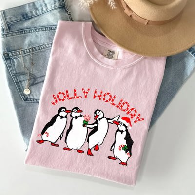 Jolly Holiday Penguins Christmas Winter Santa Claus Scene Vintage Graphic Comfort Colors Tee