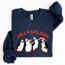 Large Navy Jolly Holiday Penguins Christmas Winter Santa Cozy Scene With Snowy Parade Sweatshirt