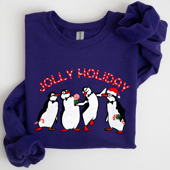 Jolly Holiday Penguins Christmas Winter Santa Cozy Scene With Snowy Parade Sweatshirt