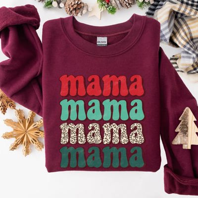 Mama Mama Mama Mama Christmas Xmas Leopard Print Santa Retro Winter Graphic Sweatshirt