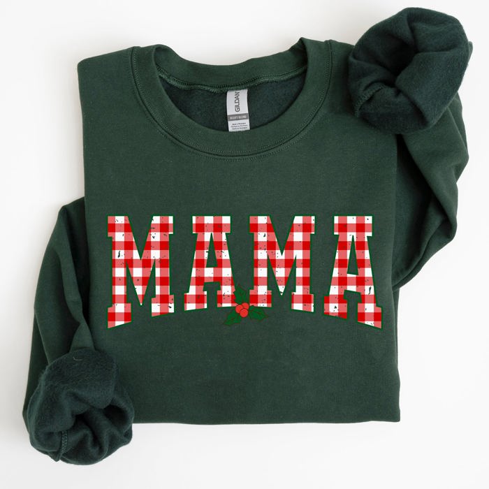 Mama Red Checkered Christmas Plaid Holly Winter Santa Xmas Festive Cozy Sweatshirt