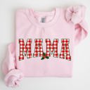 Large Light Pink Mama Red Checkered Christmas Plaid Holly Winter Santa Xmas Festive Cozy Sweatshirt