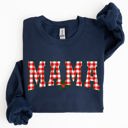 Medium Navy Mama Red Checkered Christmas Plaid Holly Winter Santa Xmas Festive Cozy Sweatshirt