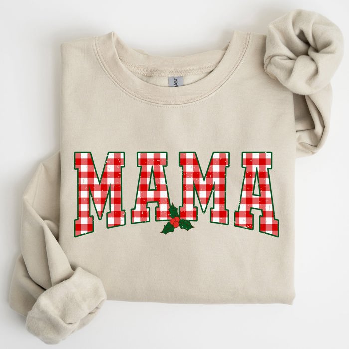 Mama Red Checkered Christmas Plaid Holly Winter Santa Xmas Festive Cozy Sweatshirt