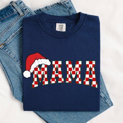 Mama Red Checkered Christmas Plaid Santa Winter Xmas Cozy Vintage Comfort Colors Tee