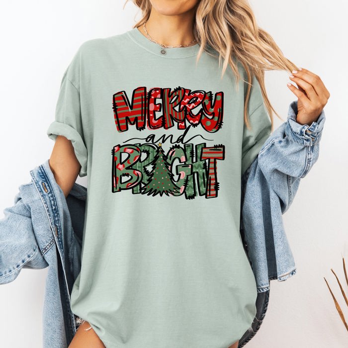 Merry and Bright Christmas Tree Colorful Winter Xmas Santa Holiday Comfort Colors Tee
