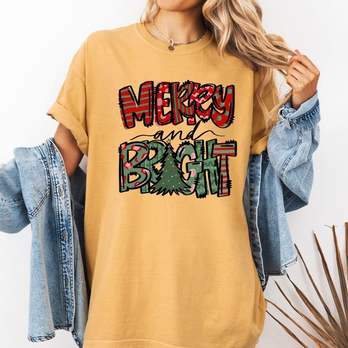 Merry and Bright Christmas Tree Colorful Winter Xmas Santa Holiday Comfort Colors Tee