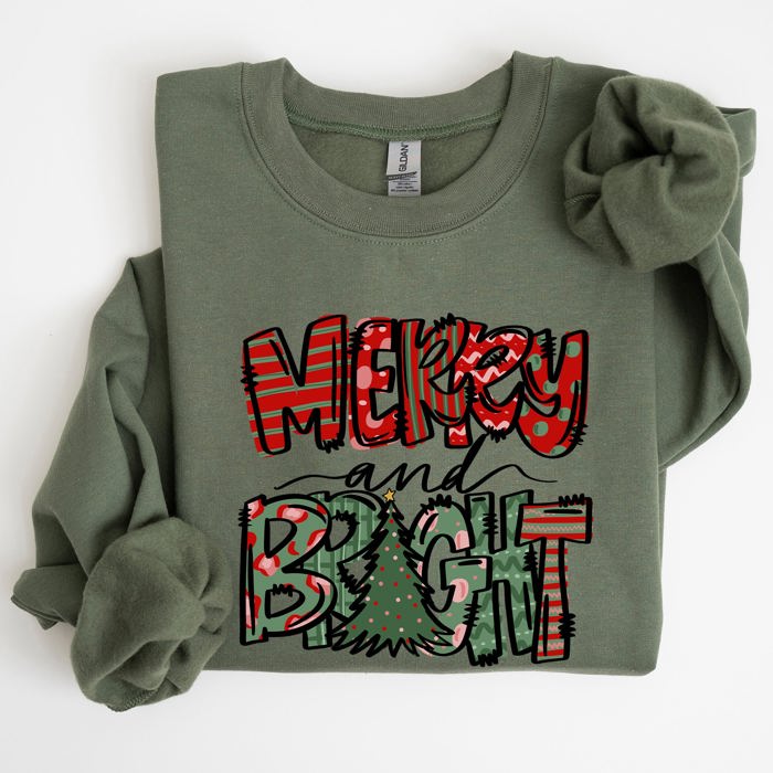 Merry And Bright Christmas Tree Santa Colorful Winter Xmas Noel Jolly Holiday Scene Sweatshirt