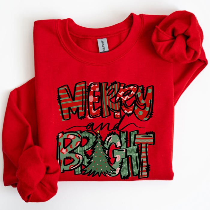 Merry And Bright Christmas Tree Santa Colorful Winter Xmas Noel Jolly Holiday Scene Sweatshirt