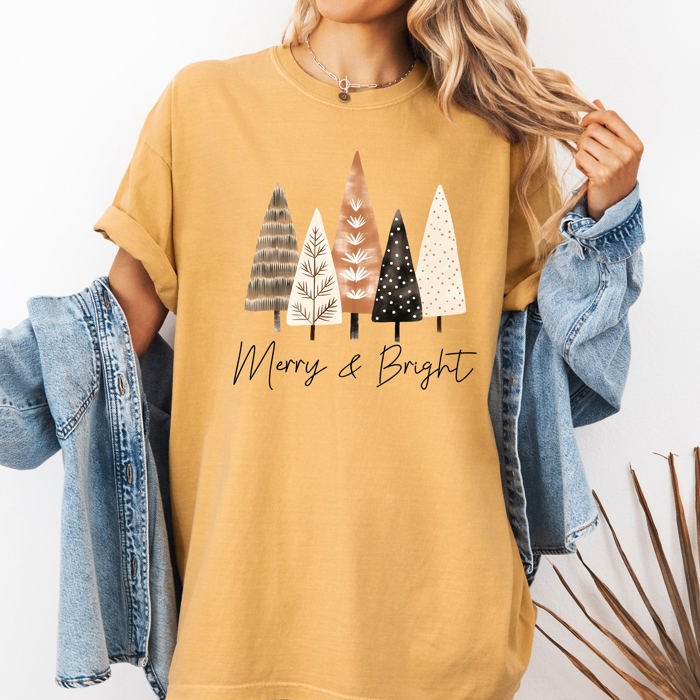 Merry and Bright Christmas Trees Hygge Winter Santa Snow Xmas Comfort Colors Tee