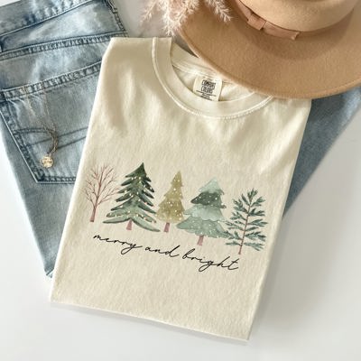 Merry And Bright Christmas Trees Minimalist Winter Snow Xmas Edition Comfort Colors Tee
