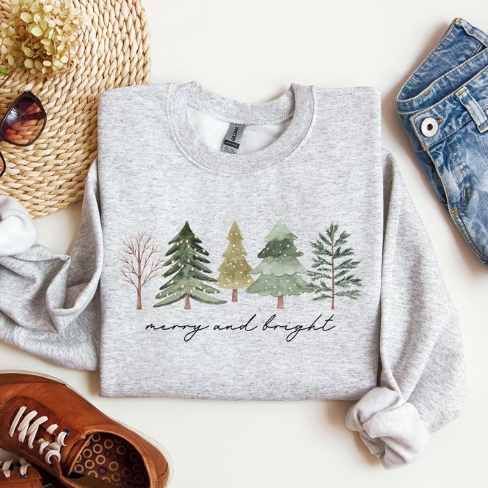 Merry and Bright Christmas Trees Minimalist Winter Snow Xmas Cozy Holiday Sweatshirt