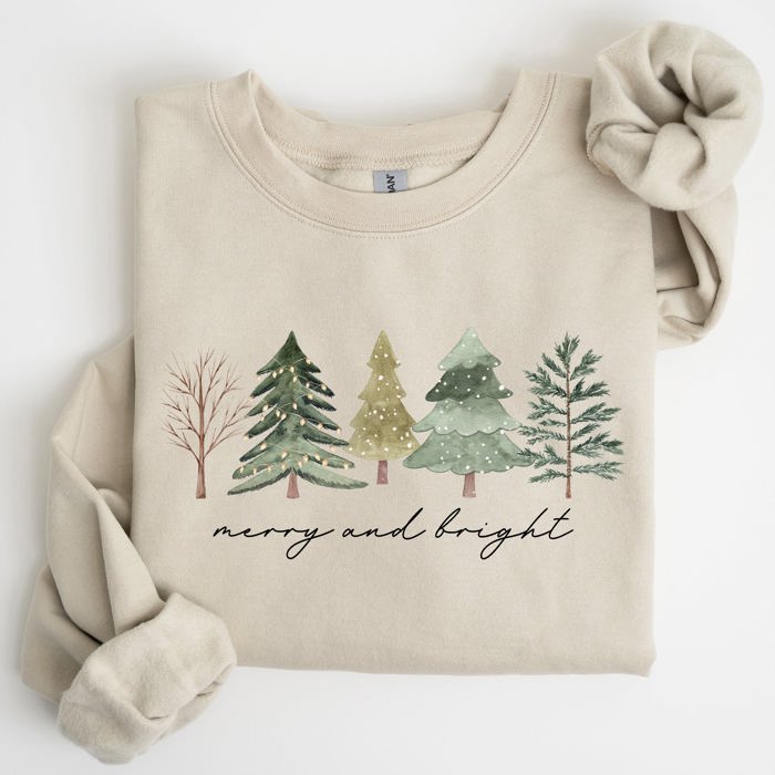 Merry and Bright Christmas Trees Minimalist Winter Snow Xmas Cozy Holiday Sweatshirt