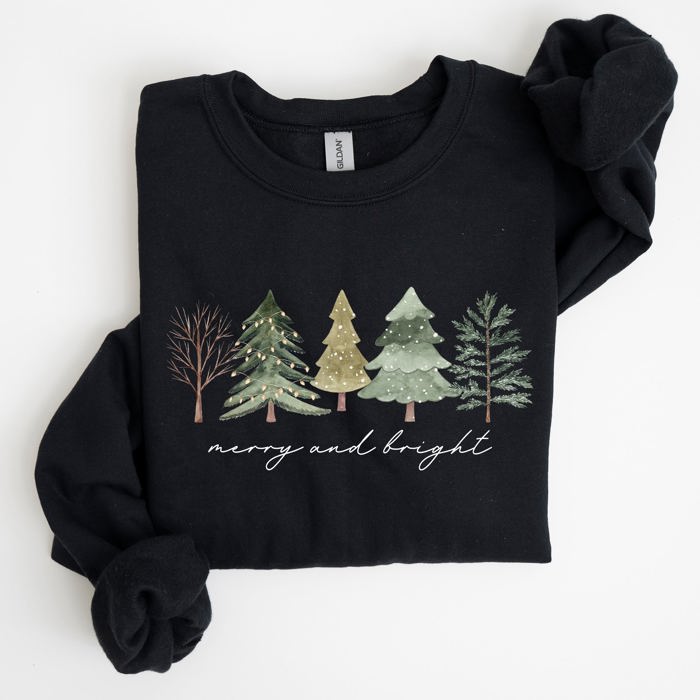 Merry and Bright Christmas Trees Minimalist Winter Snow Xmas Cozy Holiday Sweatshirt