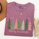Large Berry Red Merry and Bright Christmas Trees Winter Snow Xmas Holiday Scene Comfort Colors Tee