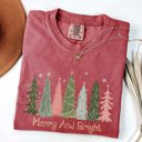 Small Crimson Red Merry and Bright Christmas Trees Winter Snow Xmas Holiday Scene Comfort Colors Tee