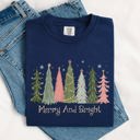 Small Navy Merry and Bright Christmas Trees Winter Snow Xmas Holiday Scene Comfort Colors Tee