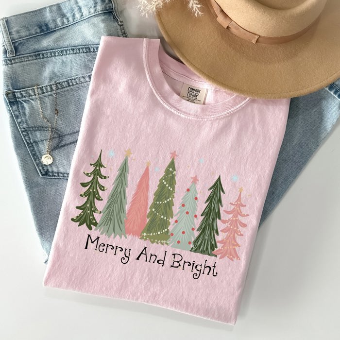 Merry and Bright Christmas Trees Winter Snow Xmas Holiday Scene Comfort Colors Tee