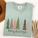 XL Bay Light Sage Merry and Bright Christmas Trees Winter Snow Xmas Holiday Scene Comfort Colors Tee