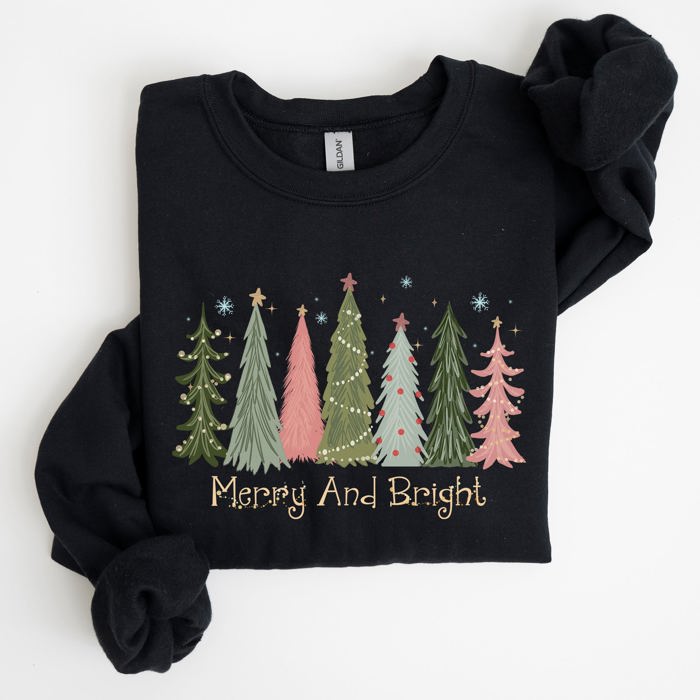 Merry And Bright Christmas Trees Winter Snow Xmas Holiday Lights Festive Scene Sweatshirt