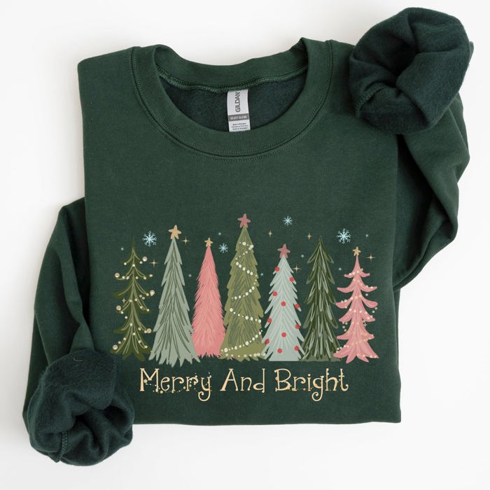 Merry And Bright Christmas Trees Winter Snow Xmas Holiday Lights Festive Scene Sweatshirt