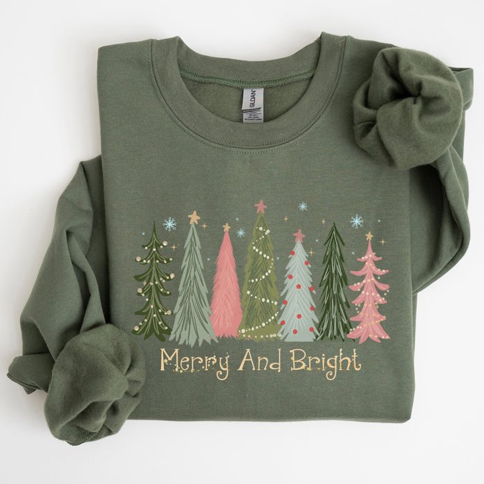 Merry And Bright Christmas Trees Winter Snow Xmas Holiday Lights Festive Scene Sweatshirt
