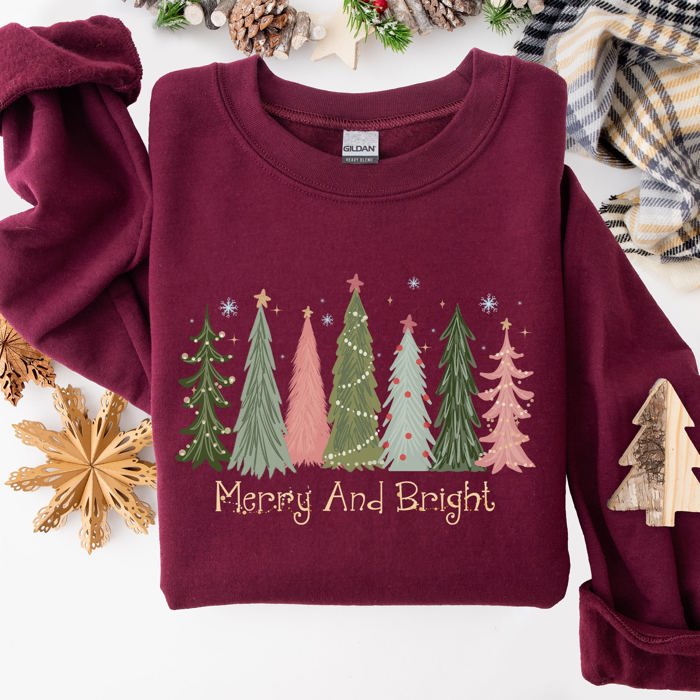 Merry And Bright Christmas Trees Winter Snow Xmas Holiday Lights Festive Scene Sweatshirt