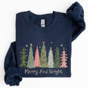 Large Navy Merry And Bright Christmas Trees Winter Snow Xmas Holiday Lights Festive Scene Sweatshirt