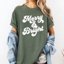 Small Moss Dark Green Merry and Bright Classic Christmas Winter Santa Xmas Nostalgia Print Comfort Colors Tee