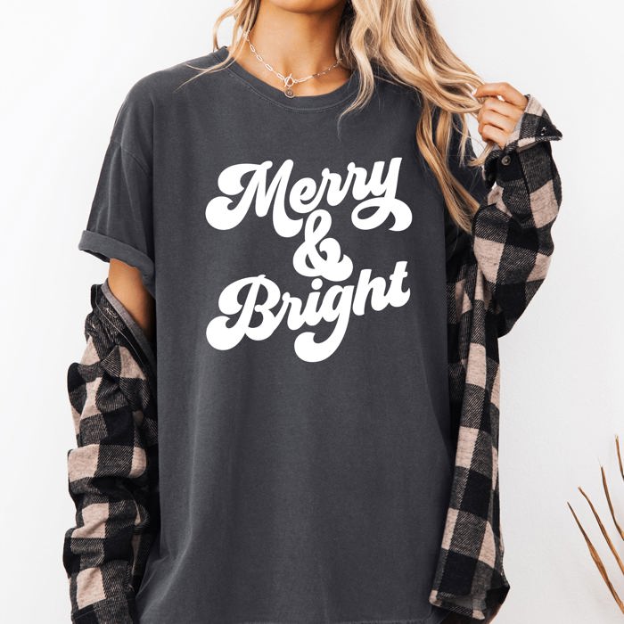 Merry and Bright Classic Christmas Winter Santa Xmas Nostalgia Print Comfort Colors Tee