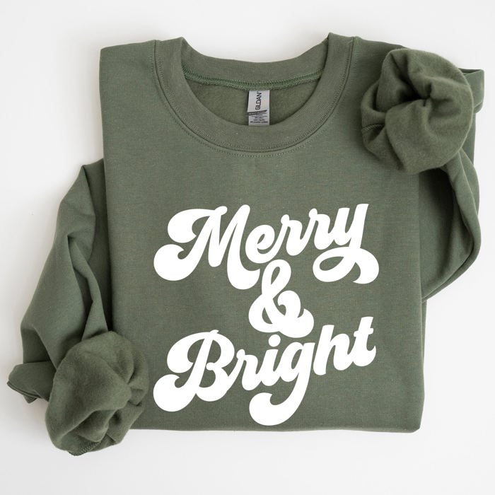 Merry And Bright Classic Christmas Winter Santa Xmas Cozy Fleece Lined Sweatshirt