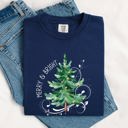 XL Navy Merry And Bright Christmas Tree With Ornaments And Santa In Winter Comfort Colors Tee