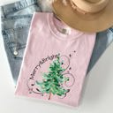 Medium Blossom Light Pink Merry And Bright Colorful Christmas Tree Swirls Santa Xmas Holiday Cheer Comfort Colors Tee