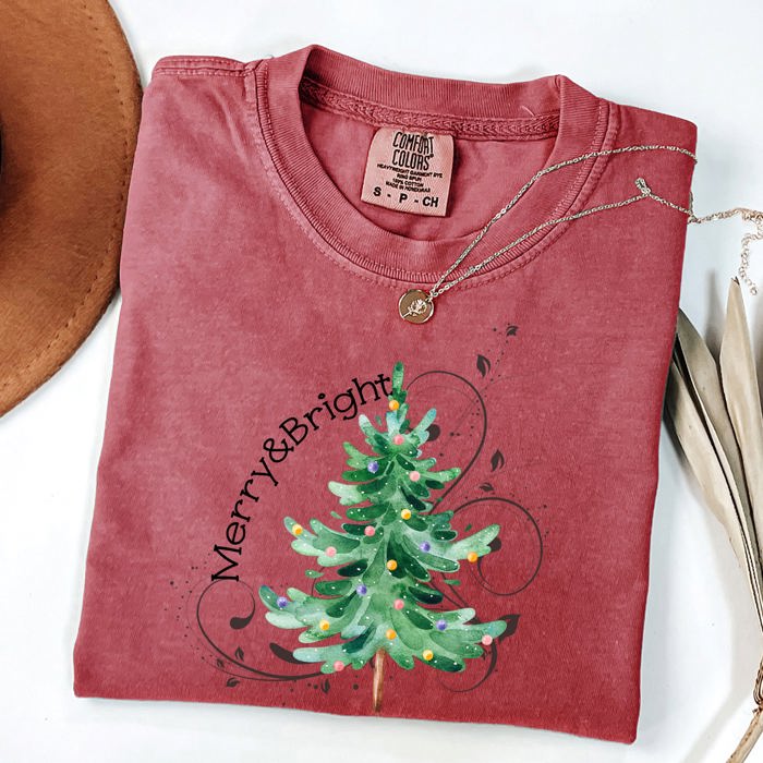 Merry And Bright Colorful Christmas Tree Swirls Santa Xmas Holiday Cheer Comfort Colors Tee