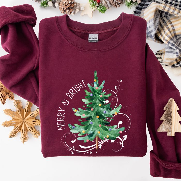 Merry And Bright Colorful Christmas Tree Swirls Santa Holiday Winter Xmas Sweatshirt
