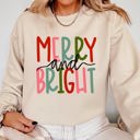 Medium Sand Merry And Bright Colorful Christmas Winter Santa Xmas Festive Holiday Cheer Sweatshirt