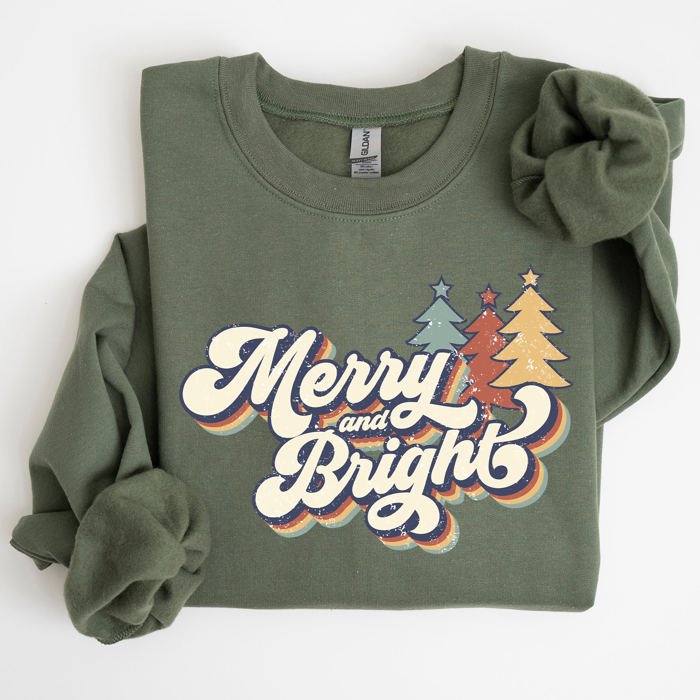 Merry And Bright Colorful Retro Santa Christmas Winter Holiday Festive Sweatshirt