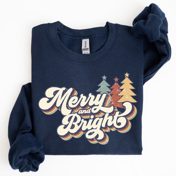 Merry And Bright Colorful Retro Santa Christmas Winter Holiday Festive Sweatshirt